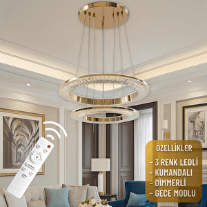 Gold 2'li Lüks Uzaktan Kumandalı Dimmerli 3 Renk Ledli Avize