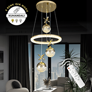 Gold Lüks Kumandalı Dimmerli 3 Renk Ledli Avize - Modern Ve Göz Alıcı Salon Aydınlatması