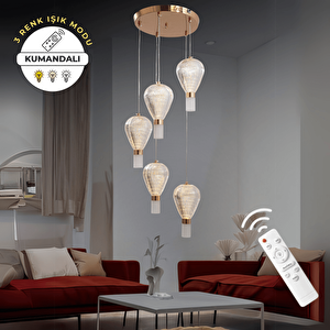 Gold 5'li Lüks Kumandalı Dimmerli 3 Renk Ledli Avize Modern Led Avize