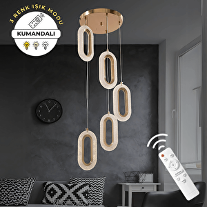 Gold 5'li Lüks Kumandalı Dimmerli 3 Renk Ledli Avize Modern Led Avize