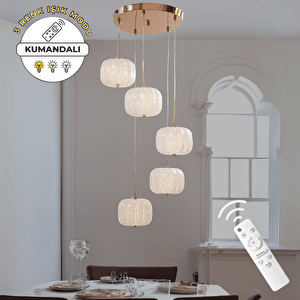 Gold 5'li Lüks Kumandalı Dimmerli 3 Renk Ledli Avize Modern Led Avize