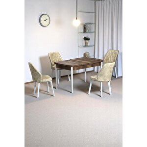Florn Ceviz 80 X 132 Açılabilen Mdf Masa Metal Ayaklı Mutfak Masası Takımı 4 Krem Sandalye Krem