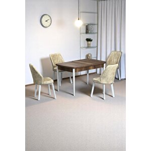 Florn Ceviz 80 X 132 Açılabilen Sunta Masa Metal Ayaklı Mutfak Masası Takımı 4 Krem Sandalye Krem