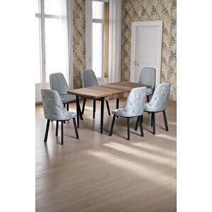 Sonata Ceviz 80 X 132 Açılabilen Mdf Masa Siyah Metal Ayaklı Mutfak Masası Takımı 6 Gri Sandalye Gri