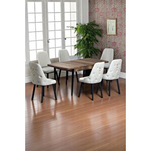 Sonata Ceviz 80 X 132 Açılabilen Mdf Masa Siyah Metal Ayaklı Mutfak Masası 6 Krem Sandalye Krem
