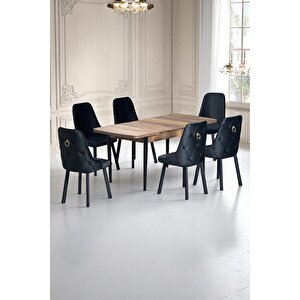 Sonata Ceviz 80 X 132 Açılabilen Mdf Masa Siyah Metal Ayaklı Mutfak Masası 6 Siyah Sandalye Siyah