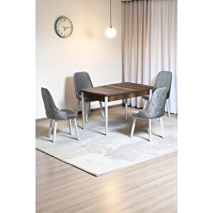 Monera Ceviz 80 X 132 Açılabilen Sunta Masa Metal Ayaklı Mutfak Masası Takımı 4 Gri Sandalye Gri