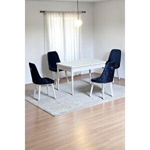 Monera Beyaz 80 X 132 Açılabilen Sunta Masa Metal Ayaklı Mutfak Masası Takımı 4 Lacivert Sandalye Lacivert