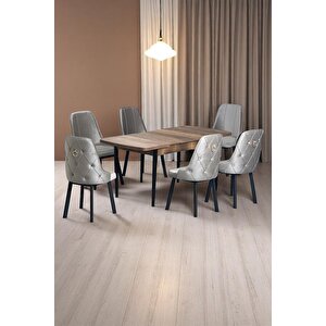 Sonata Ceviz 80 X 132 Açılabilen Mdf Masa Siyah Metal Ayaklı Mutfak Masası 6 Cappucino Sandalye Cappucino