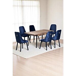 Sonata Ceviz 80 X 132 Açılabilen Mdf Masa Siyah Metal Ayaklı Mutfak Masası 6 Lacivert Sandalyeli Lacivert