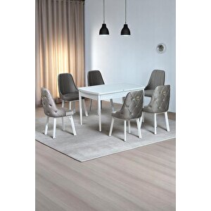 Sonata Beyaz 80 X 132 Açılabilen Sunta Masa Metal Ayaklı Mutfak Masası Takımı 6 Cappucino Sandalye Cappucino