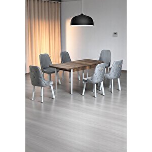 Minel Açılabilen Metal Ayak Mdf Mutfak Masası Takımı 6 Gri Sandalye 80 X 132 Gri