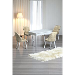 Florn Beyaz 80 X 132 Açılabilen Mdf Masa Metal Ayaklı Mutfak Masası Takımı 4 Krem Sandalye Krem