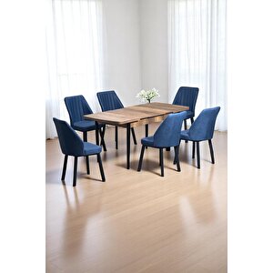 Luna Ceviz 80 X 132 Açılabilen Mdf Masa Siyah Metal Ayaklı Mutfak Masası 6 Lacivert Sandalye Lacivert
