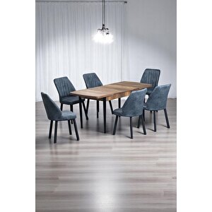 Luna Ceviz 80 X 132 Açılabilen Mdf Masa Siyah Metal Ayaklı Mutfak Masası 6 Kot Desen Füme Sandalye Füme