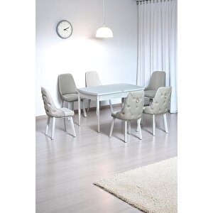 Sonata Beyaz 80 X 132 Açılabilen Sunta Masa Metal Ayaklı Mutfak Masası Takımı 6 Krem Sandalye Krem
