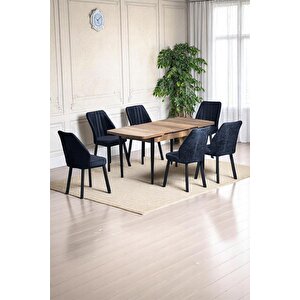 Luna Ceviz 80 X 132 Açılabilen Mdf Masa Siyah Metal Ayaklı Mutfak Masası 6 Siyah Sandalye Siyah