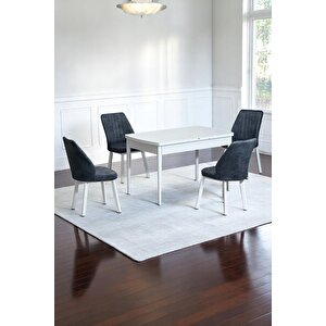 Florn Beyaz 80 X 132 Açılabilen Sunta Masa Metal Ayaklı Mutfak Masası Takımı 4 Füme Desen Sandalye Füme