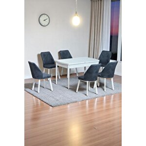 Sera Beyaz 80 X 132 Açılabilen Sunta Masa Beyaz Metal Ayaklı Mutfak Masası 6 Füme Kot Desen Sandalye Füme