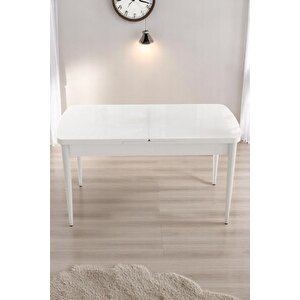 Sera Beyaz 80 X 132 Açılabilen Sunta Masa Beyaz Metal Ayaklı Mutfak Masası 6 Krem Desen Sandalye Krem