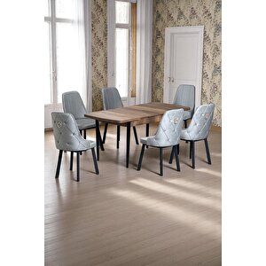 Sonata Ceviz 80 X 132 Açılabilen Sunta Masa Siyah Metal Ayaklı Mutfak Masası Takımı 6 Gri Sandalye Gri