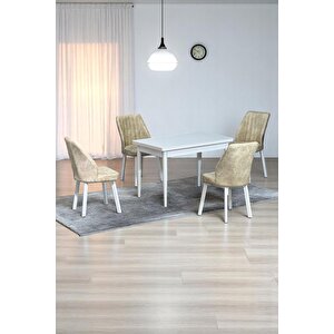 Arven Beyaz Sunta 70x110 Sabit Mutfak Masası Takımı Beyaz Metal Ayak 4 Krem Sandalye Krem