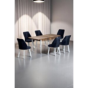 Sera Ceviz 80 X 132 Açılabilen Mdf Masa Beyaz Metal Ayaklı Mutfak Masası 6 Siyah Sandalye Siyah