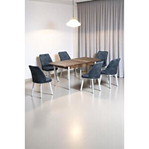 Sera Ceviz 80 X 132 Açılabilen Mdf Masa Beyaz Metal Ayaklı Mutfak Masası 6 Kot Füme Sandalye Füme