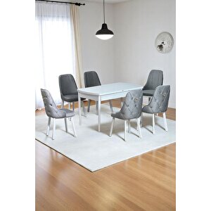 Sonata Beyaz 80 X 132 Açılabilen Mdf Masa Metal Ayaklı Mutfak Masası Takımı 6 Gri Sandalye Gri