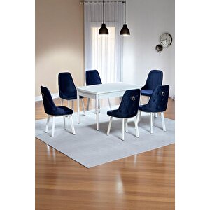 Sonata Beyaz 80 X 132 Açılabilen Mdf Masa Metal Ayaklı Mutfak Masası Takımı 6 Lacivert Sandalye Lacivert