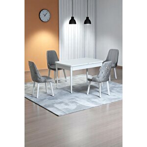 Monera Beyaz 80 X 132 Açılabilen Mdf Masa Metal Ayaklı Mutfak Masası Takımı 4 Gri Sandalye Gri