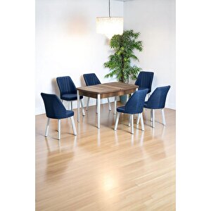 Sera Ceviz 80 X 132 Açılabilen Mdf Masa Beyaz Metal Ayaklı Mutfak Masası 6 Lacivert Sandalye