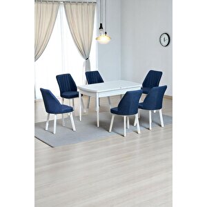 Sera Beyaz 80 X 132 Açılabilen Mdf Masa Beyaz Metal Ayaklı Mutfak Masası 6 Lacivert Sandalye