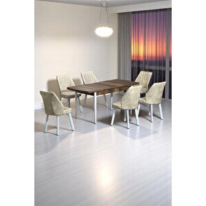 Sera Ceviz 80 X 132 Açılabilen Mdf Masa Beyaz Metal Ayaklı Mutfak Masası 6 Krem Sandalye