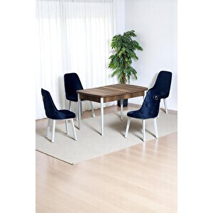 Monera Ceviz 80 X 132 Açılabilen Mdf Masa Metal Ayaklı Mutfak Masası Takımı 4 Lacivert Sandalye
