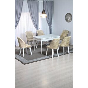 Sera Beyaz 80 X 132 Açılabilen Mdf Masa Beyaz Metal Ayaklı Mutfak Masası 6 Krem Desen Sandalye