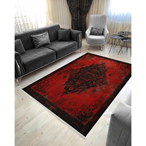 Derin Kırmızı Eskitme Halı – Siyah Desenli, Yıkanabilir, Toz Tutmaz, Evcil Hayvan Dostu 100x100 cm