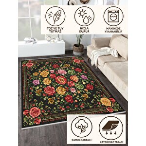 Renkli Güllerle Siyah Halı – Çiçek Desenli Halı  – Yıkanabilir, Kaymaz Tabanlı, Toz Tutmaz, Evcil Hayvan Dostu, Robot Süpürgeyle Uyumlu 160x230 cm