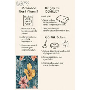 Tropikal Çiçek Desenli Halı – Canlı Sarı, Pembe Ve Yeşil Tonlarla – Makinede Yıkanabilir, Tüy Tutmaz, Pamuk Dokuma Tabanlı