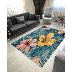 Tropikal Çiçek Desenli Halı – Canlı Sarı, Pembe Ve Yeşil Tonlarla – Makinede Yıkanabilir, Tüy Tutmaz, Pamuk Dokuma Tabanlı 180x200 cm