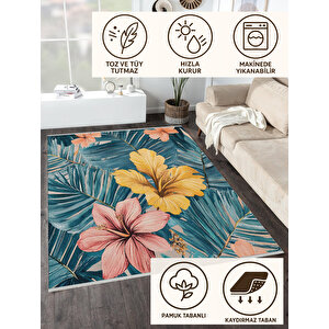 Tropikal Çiçek Desenli Halı – Canlı Sarı, Pembe Ve Yeşil Tonlarla – Makinede Yıkanabilir, Tüy Tutmaz, Pamuk Dokuma Tabanlı 180x200 cm