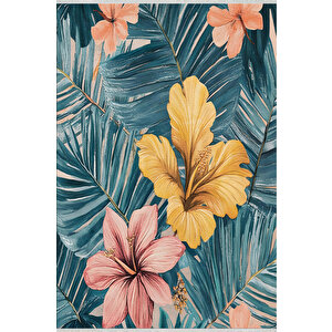 Tropikal Çiçek Desenli Halı – Canlı Sarı, Pembe Ve Yeşil Tonlarla – Makinede Yıkanabilir, Tüy Tutmaz, Pamuk Dokuma Tabanlı 180x200 cm