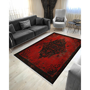 Derin Kırmızı Eskitme Halı – Siyah Desenli, Yıkanabilir, Toz Tutmaz, Evcil Hayvan Dostu 160x230 cm