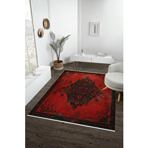 Derin Kırmızı Eskitme Halı – Siyah Desenli, Yıkanabilir, Toz Tutmaz, Evcil Hayvan Dostu 160x230 cm