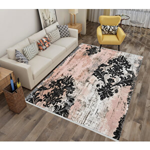 Pembe, Siyah Ve Beyaz Renkli Damask Halı – Makinede Yıkanabilir, Pamuk Tabanlı, Kolay Temizlenebilir, Robot Süpürge Uyumlu 160x180 cm