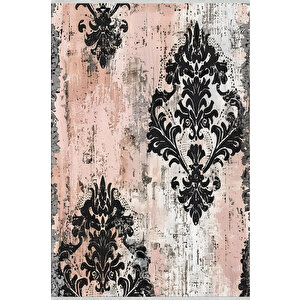 Pembe, Siyah Ve Beyaz Renkli Damask Halı – Makinede Yıkanabilir, Pamuk Tabanlı, Kolay Temizlenebilir, Robot Süpürge Uyumlu 160x180 cm
