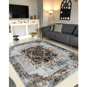 Eskitme Gri Ve Lacivert Halı – Turuncu Vurgulu, Yıkanabilir, Toz Tutmaz, Evcil Hayvan Dostu 80x80 cm
