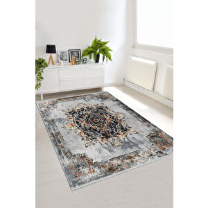 Eskitme Gri Ve Lacivert Halı – Turuncu Vurgulu, Yıkanabilir, Toz Tutmaz, Evcil Hayvan Dostu 80x80 cm