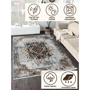 Eskitme Gri Ve Lacivert Halı – Turuncu Vurgulu, Yıkanabilir, Toz Tutmaz, Evcil Hayvan Dostu