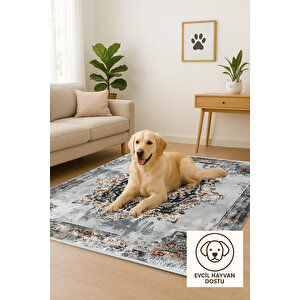 Eskitme Gri Ve Lacivert Halı – Turuncu Vurgulu, Yıkanabilir, Toz Tutmaz, Evcil Hayvan Dostu
